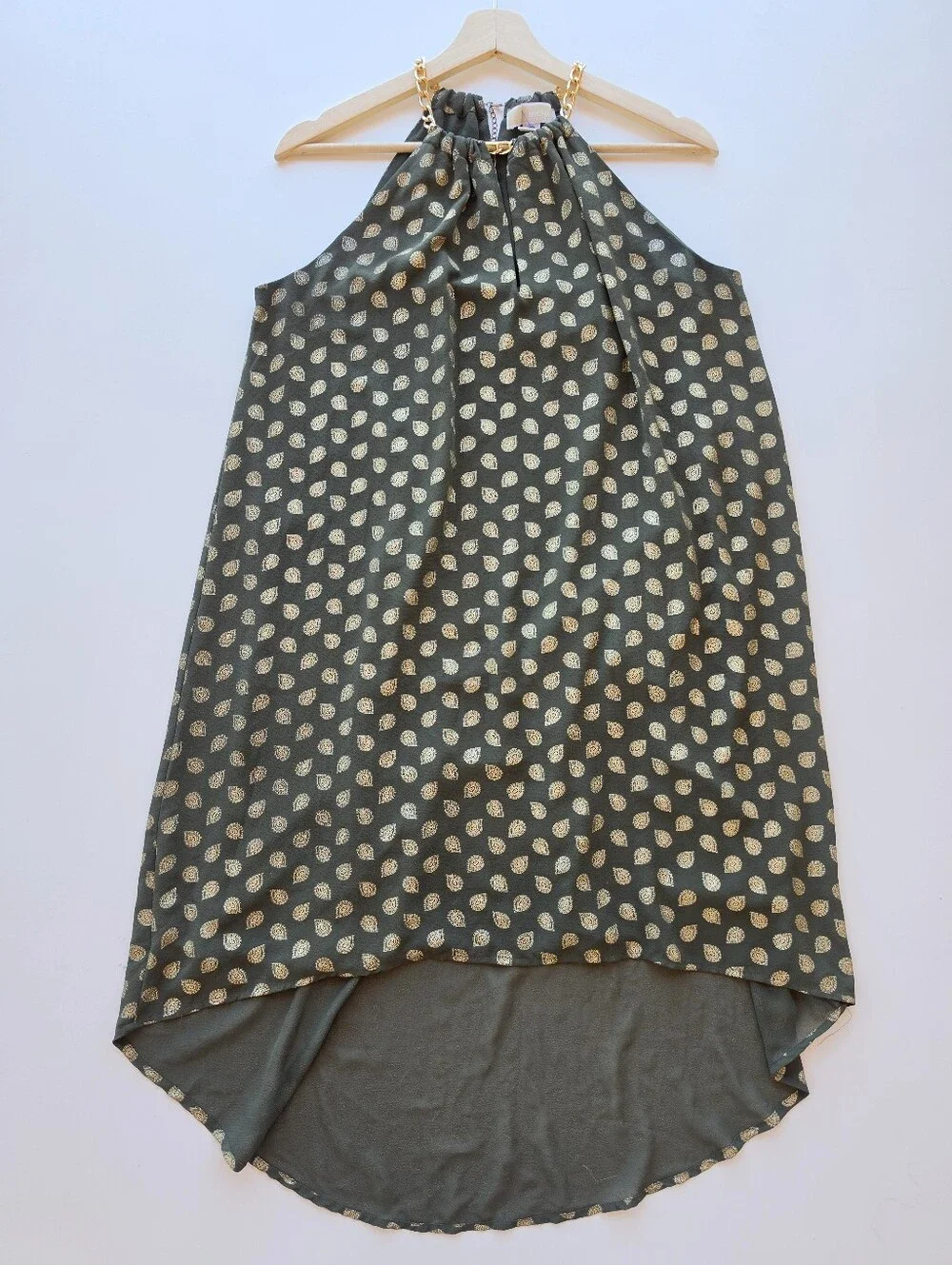 Michael Kors Halter Chain Olive Green Metallic Gold Paisley High Low Swing Dress